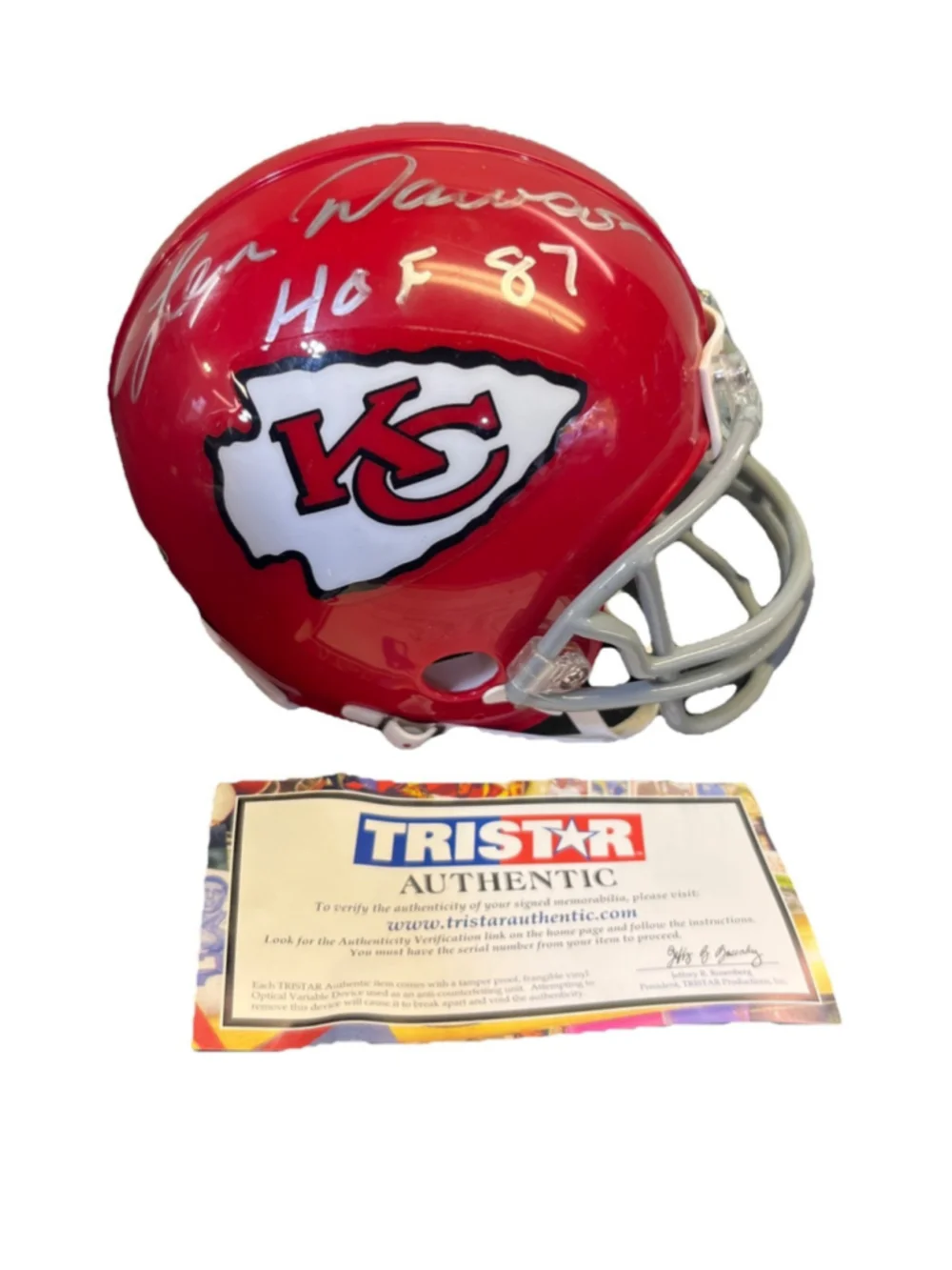 LEN DAWSON SIGNED FOOTBALL MINI HELMET AUTO KANSAS CITY CHIEFS HOF 87 Tristar